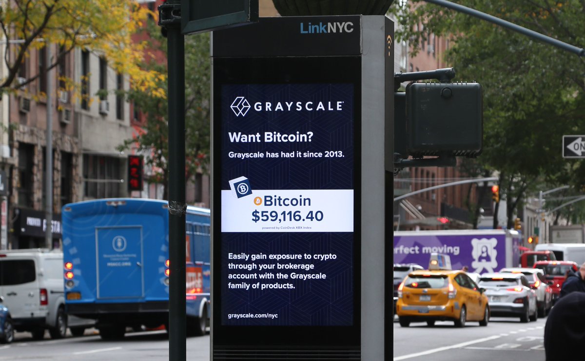 We're partnering with <a href="/CoinDesk/">CoinDesk</a> to share live #Bitcoin price quotes on hundreds of street corners across New York City. The signs are new, but we've been working to make investing in digital assets easy and accessible since 2013. Learn more: gryscl.co/3GMmf6g