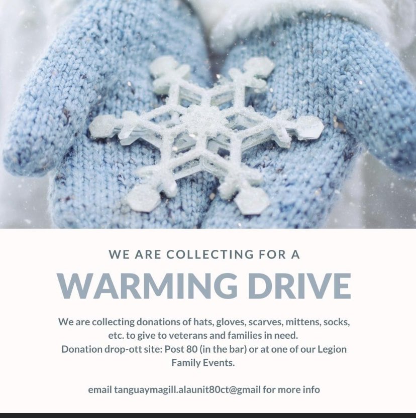 ALA_CTUnit80's tweet photo. Please join our Auxiliary as we collect hats, gloves, scarves, mittens, and NEW socks (crew or lower- no tube socks). Drop donations at Post 80 in the bar! https://t.co/5VXxCbBny6