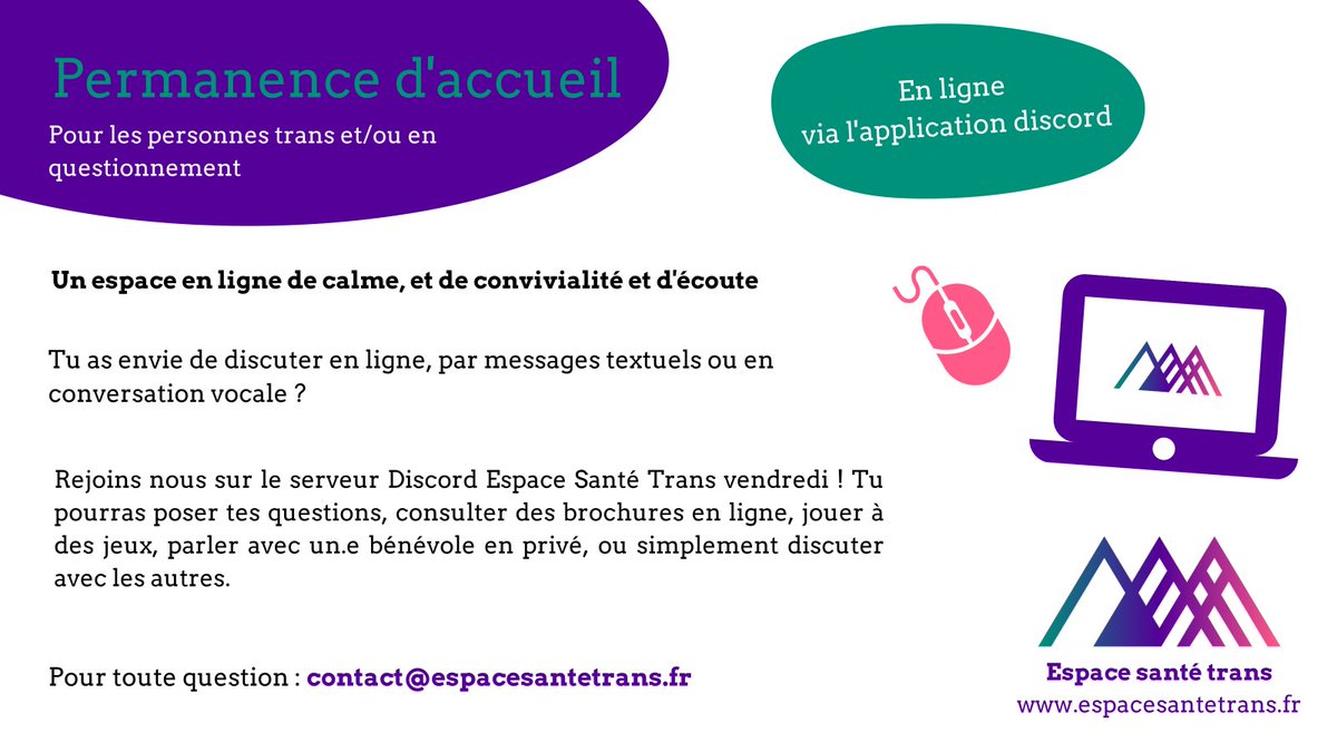 Vendredi c’est la permanence de novembre ! 
Toujours 19h-21h, toujours sur Discord.

Lien d’accès : discord.gg/Hjp6Q3jR59