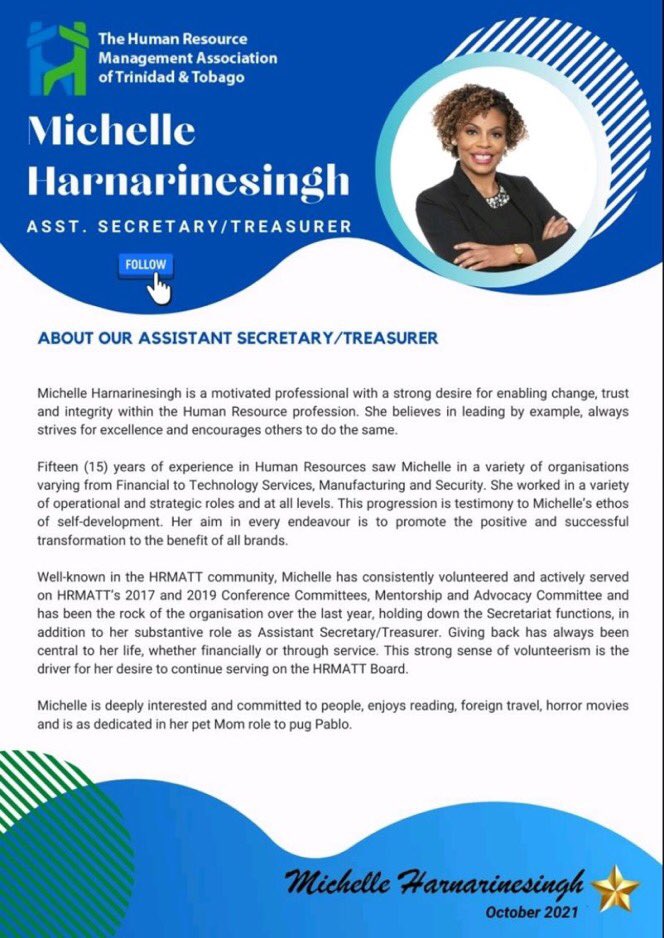 HRMATT1's tweet photo. Meet Michelle Harnarinesingh who holds the role of Assistant Secretary/Treasurer with HRMATT. 

Michelle has a broad range of strategic HR related experiences and expertise in varying sectors. 

https://t.co/PKWx5klkPs
#HRMATTSays https://t.co/p2wQXY2nce