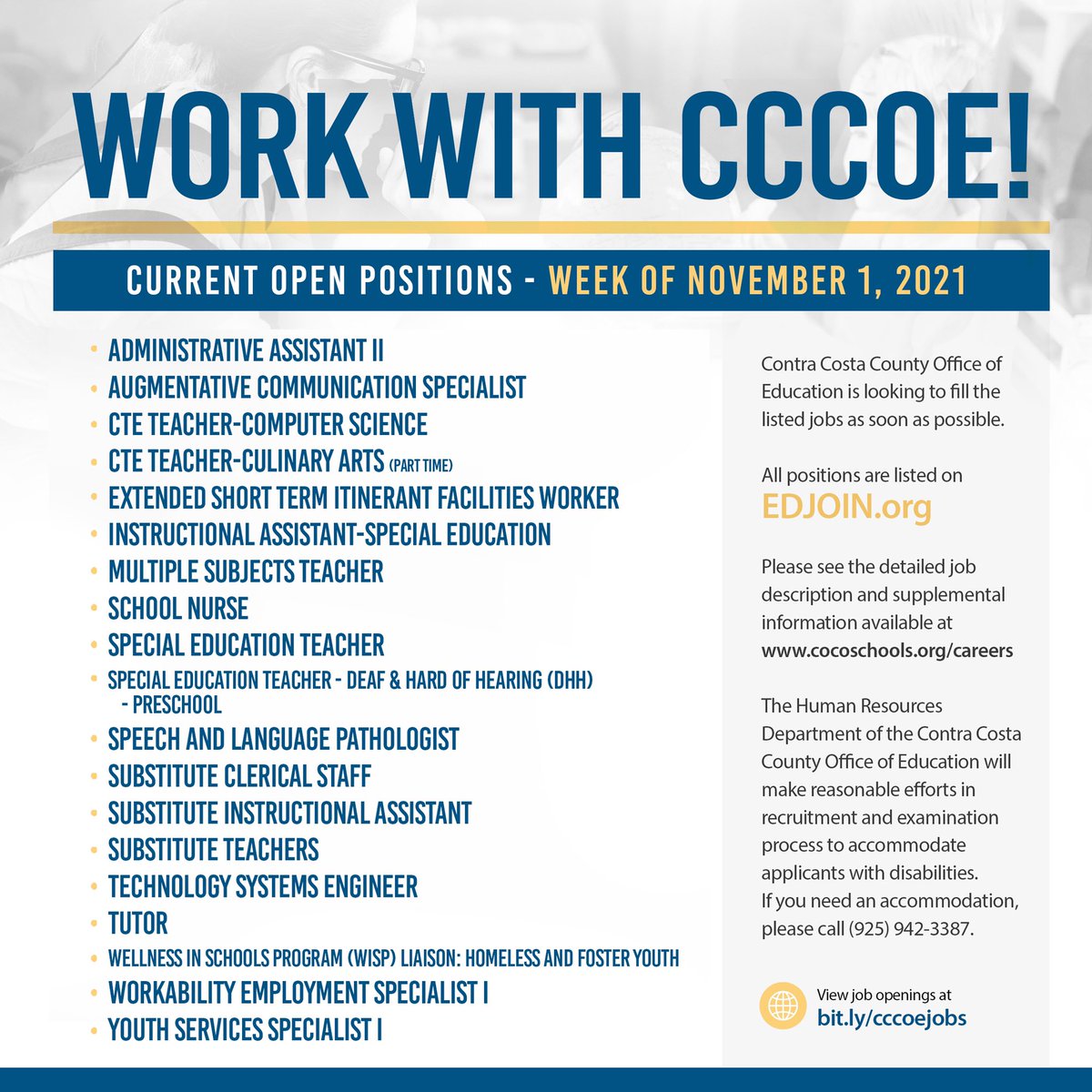 CoCoSchools's tweet photo. All positions are listed via https://t.co/MCIqsP3Gaz. (https://t.co/tjW4jBbi7x)
Please see the detailed job descriptions and supplemental information available at https://t.co/f3rrp1VNav
View our jobs at https://t.co/R2IdBDLxCw.
#CCCOEAcieves
#WeAreHiring
#WorkwithCCCOE https://t.co/pt30NZlmiH
