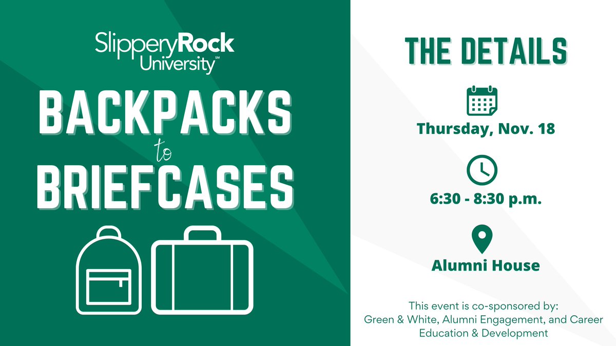 baldcareerguy's tweet image. BACKPACKS 2 BRIEFCASES

the ULTIMATE student to alumni program for over a dozen years!  Register on Handshake at sru.edu/handshake under EVENTS