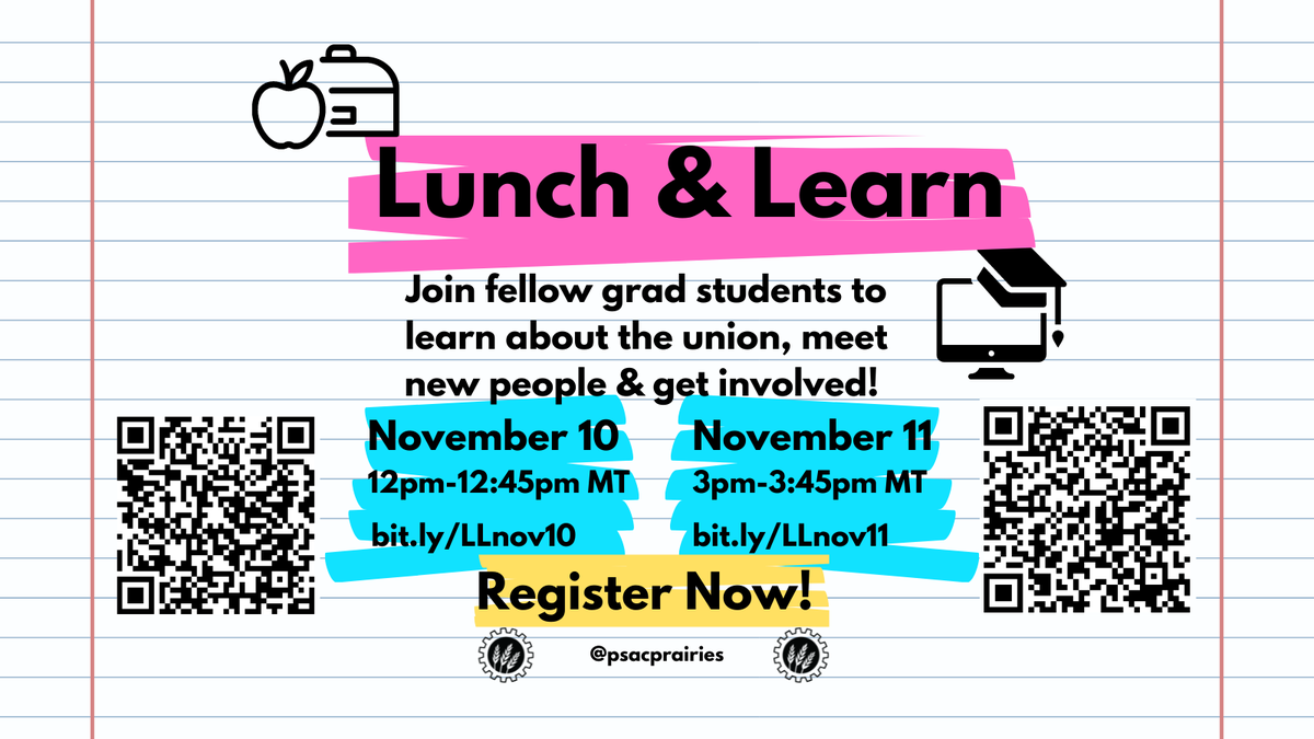 UCalgary Grad Students! Please join us for our first Lunch & Learn series events, put together by our @psacprairies union reps. Link for registration in our bio. See you there!