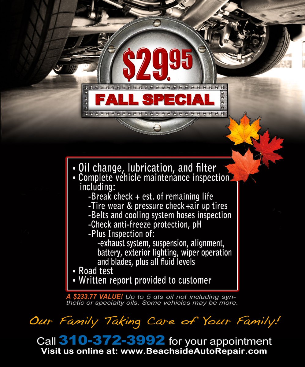 beachside_hb's tweet photo. Come on by Beachside Auto in Hermosa Beach for great fall savings!
.
#automechanic
#autorepair
#autorepairnearme
#hermosabeach
#car
#carsofinstagram
#carrepair
#beachsideautohb
#beachsideauto
#hermosabeach
#bestcarrepair
#bronsonthebeachsideautodog https://t.co/2AAqVldqsl