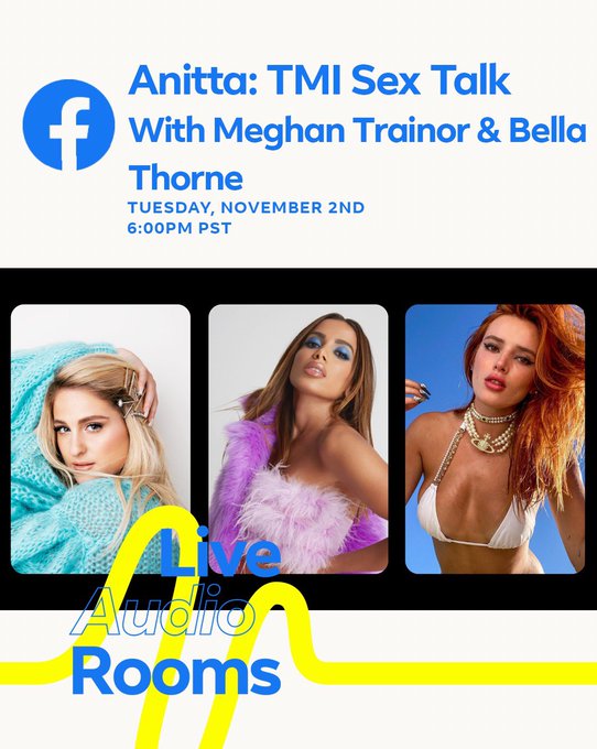 You're invited to an exclusive FACEBOOK LIVE AUDIO ROOM event featuring me, @Anitta & @Meghan_Trainor