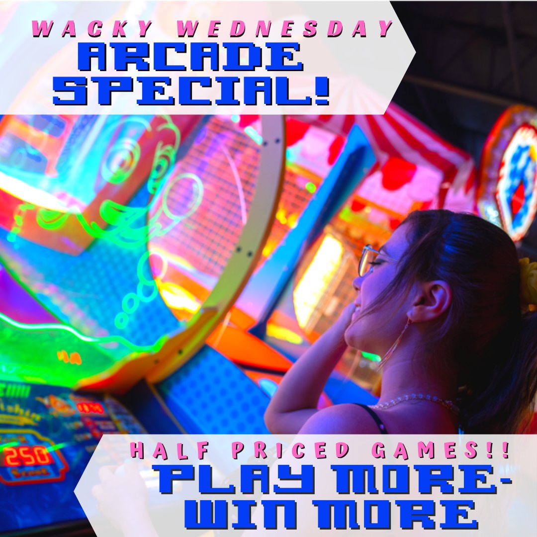 🌟#PlayMore #WinMore on #WackyWednesday at our #arcades ! Come into our parks on #Wednesday and double your fun! We've halved the prices on our arcade games 🕹️for your afternoon binge #gaming 👾Half Price Arcade Special is valid on Wednesdays ONLY 👾