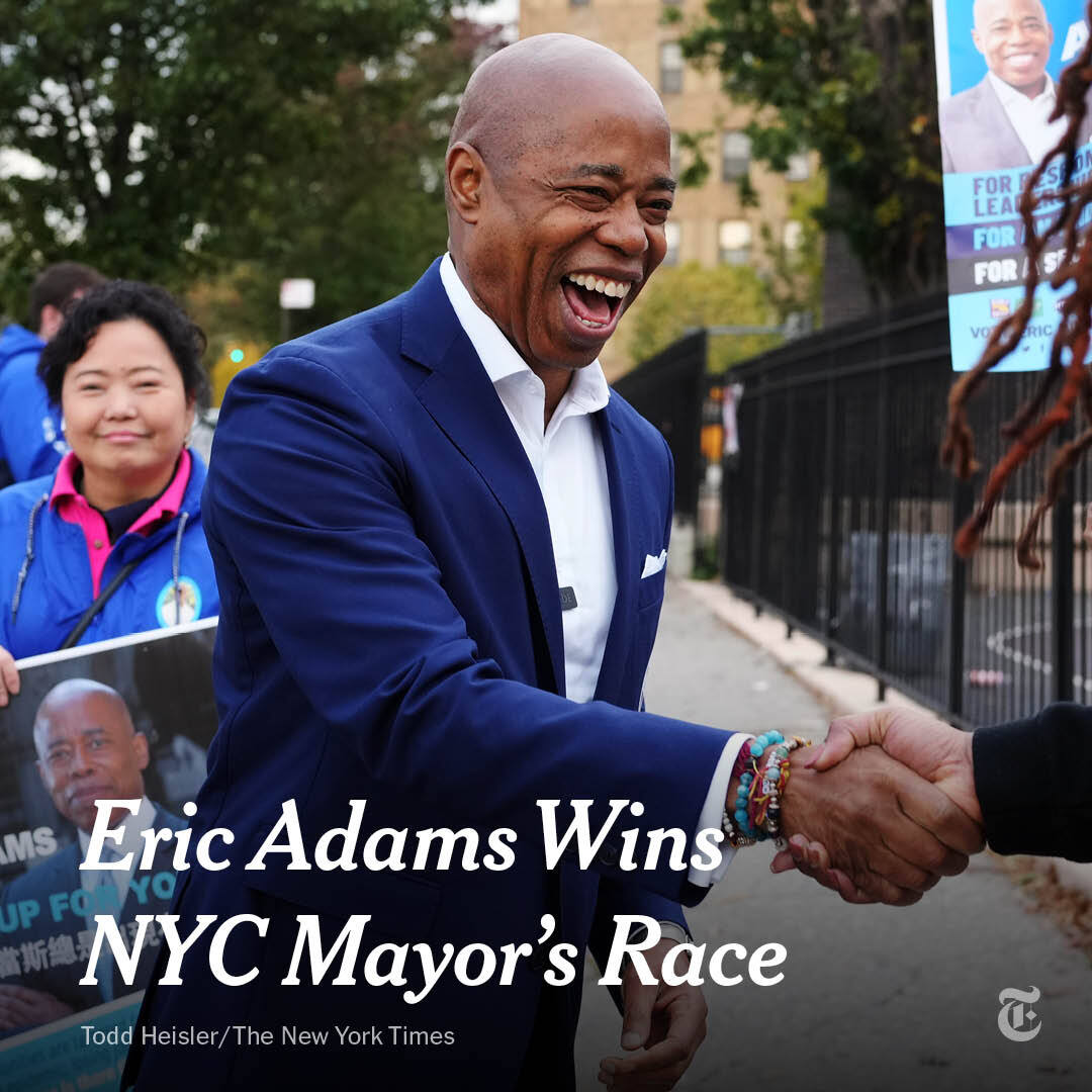 Breaking News: Eric Adams was elected as the second Black mayor in New York City's history, with hopes of guiding its recovery from the pandemic. nyti.ms/3GIs9Fn