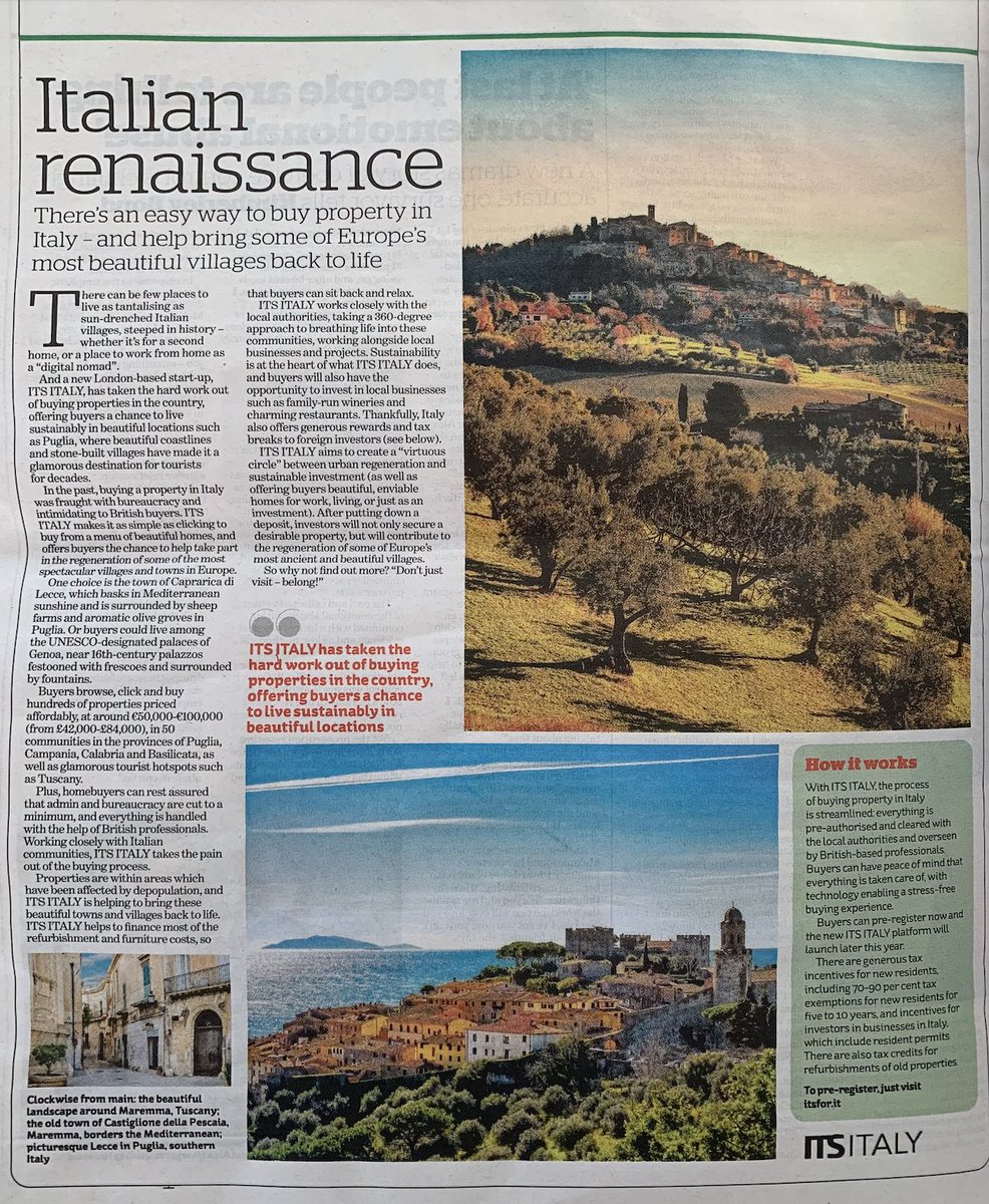 ITSforItaly's tweet photo. ITALIAN RENAISSANCE - article by the British newspaper 'i' (1.11) featuring ITS ITALY and its project.
Don't just visit, Belong!
For information and to register https://t.co/iiCojUQ55T

#italy #borghi #villages #regeneration #community #sustainability https://t.co/KrLRifGHwZ