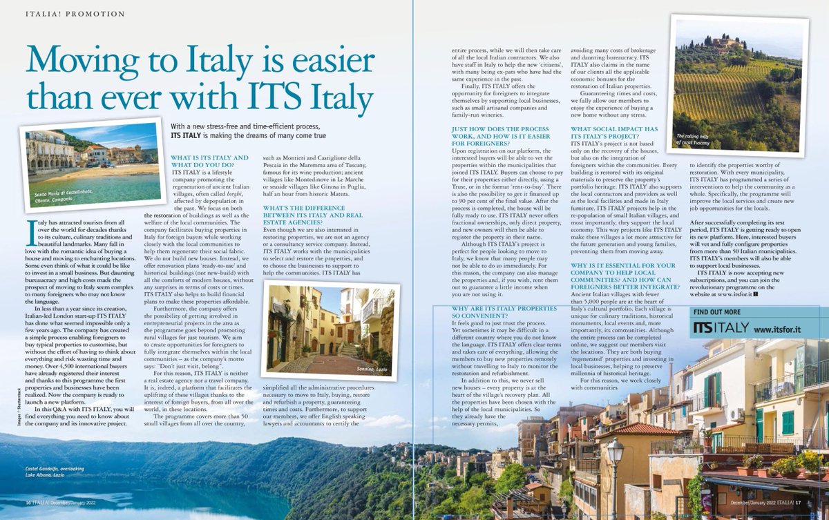 ITSforItaly's tweet photo. On the latest issue of the international magazine ITALIA! a long article about our project and its disruptive model. A chance to get to know us better and understand why our format is experiencing an incredible growth at global level.
https://t.co/iiCojUQ55T
#italy #borghi https://t.co/tKl17aPkP7