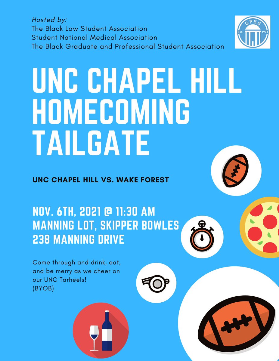 Did someone say #tailgate? 👀

Join us THIS SATURDAY for the UNC Homecoming tailgate co-hosted with the Black Law Student Association and the Student National Medical Association. 

Funded by the Graduate And Professional Student Government.