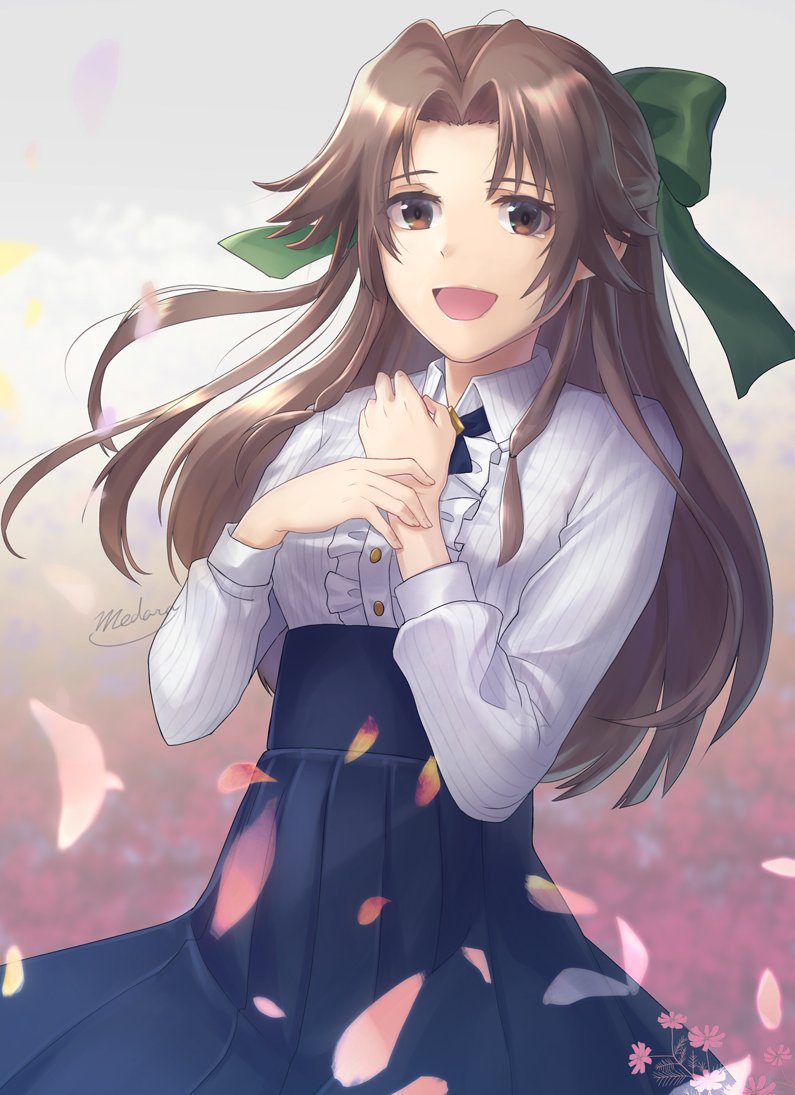 jintsuu (kancolle) 1girl solo brown hair long hair brown eyes meme attire skirt  illustration images