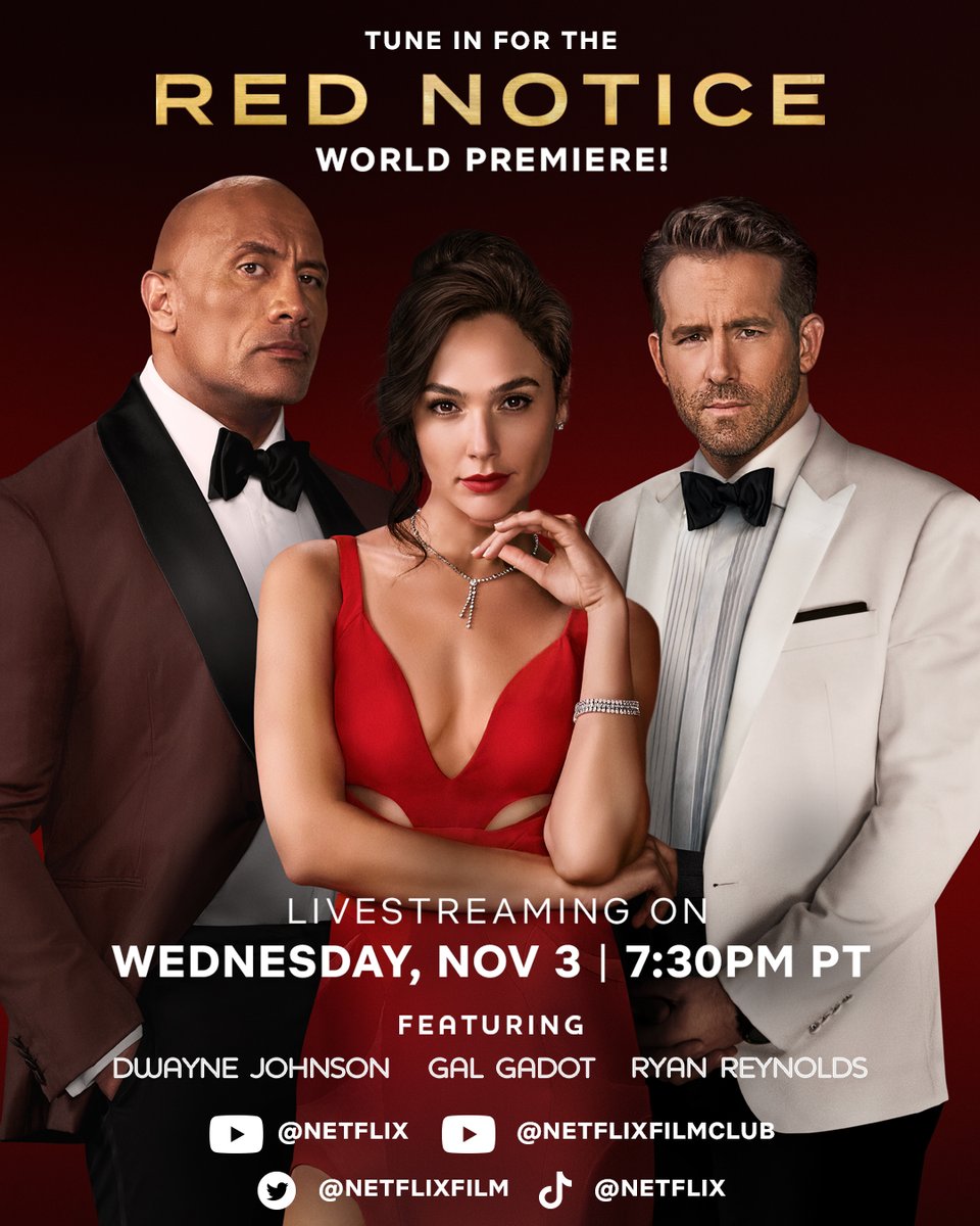 netflix's tweet photo. Be sure to catch the stars of Red Notice LIVE from the red carpet! They'll be taking fan questions and sharing fun moments from set! https://t.co/1N8LNK0iVo