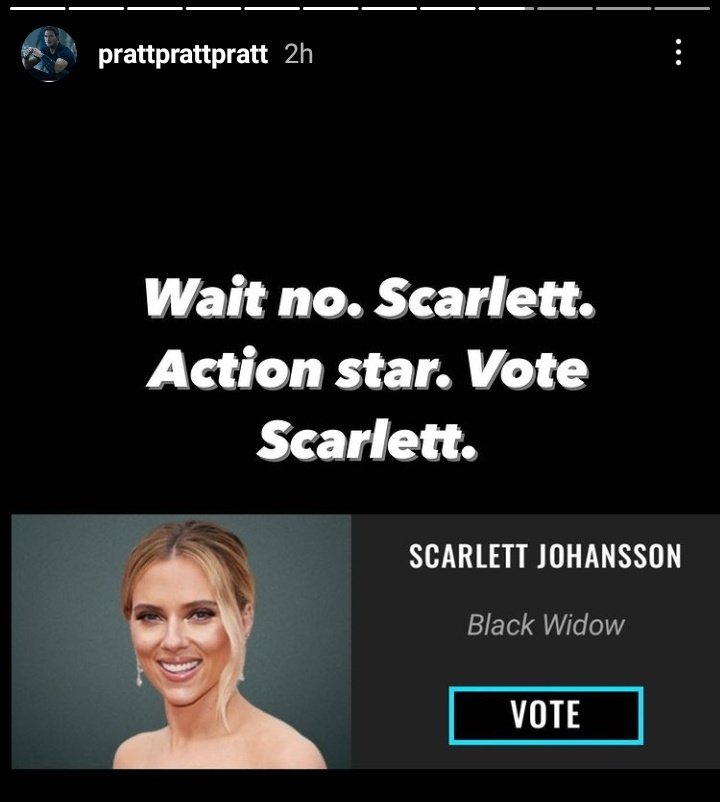 whatsupscarlett's tweet photo. Vote for Scarlett according to Chris Pratt 😏

Vote for #ScarlettJohansson for 
#TheActionMovieStar of 2021 #PCAs !! https://t.co/bgcsMB5UDd