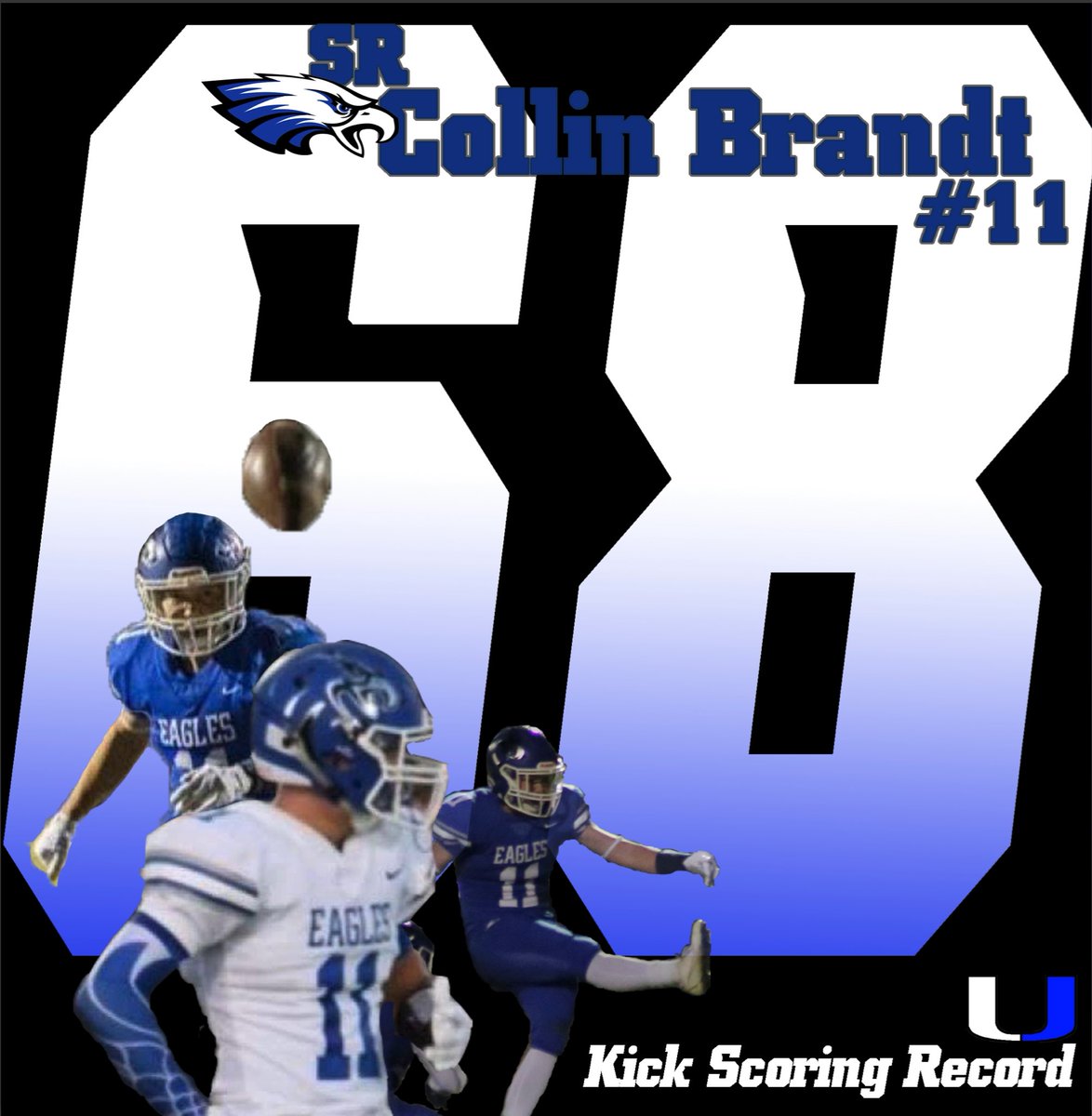 U_EagleFootball's tweet photo. In Friday night’s win Collin Brandt broke the single season kick scoring record!  Collin currently sits at 68 kicking points scored this season. Colin Opstvedt owned the previous record scoring 67 points in 2015. Congrats Collin!  

Credit to @MannyRodgers28 for the graphic. https://t.co/qQcERQBtsY