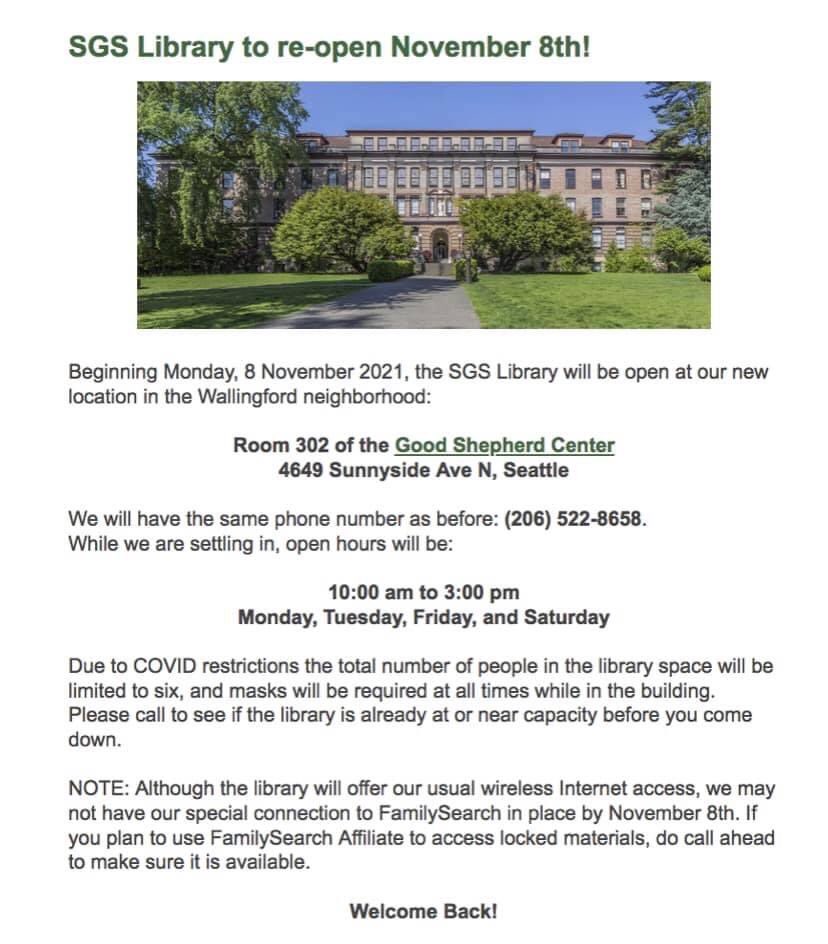 SeattleSgs's tweet photo. The Seattle Genealogical Society Library will be open November 8! https://t.co/Ole0WsV5Uf