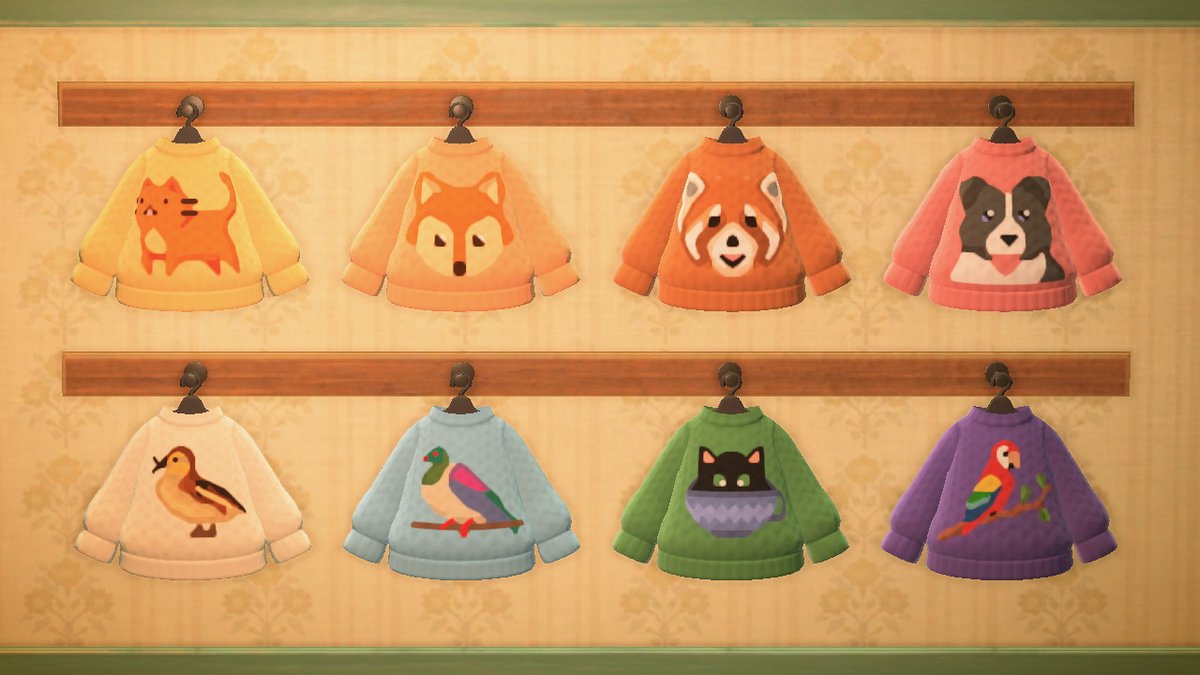 SaffronIsle's tweet photo. Cute animal sweaters! <3 Creator code is MA-1297-7533-0620 #ACDesignCodes #ACNHDesign #AnimalCrossing #ACNH #NintendoSwitch https://t.co/sU1ToqELuy