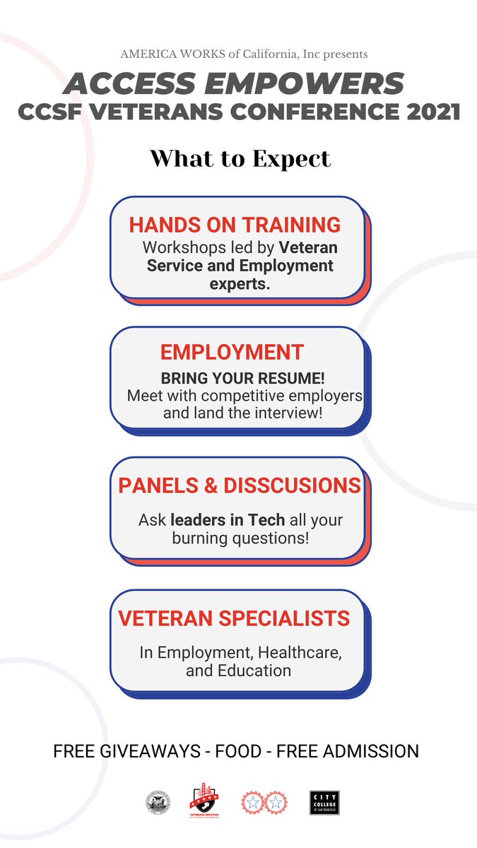 SFVetCommission's tweet photo. Come to the Access Empowers Job Fair at City College of San Francisco!
Bring Your Resume, meet employers, attend workshops, and meet Veteran Specialists in Health Care, Employment, and Education!
10AM - 2:30PM, November 10, at Cloud Campus, City College of San Francisco! https://t.co/JHibeonAtc