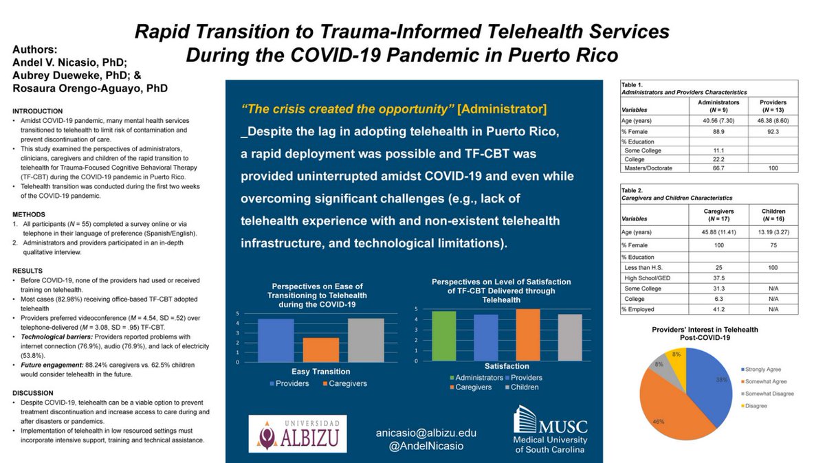 Check our poster! The study examines the experiences of administrators, providers, caregivers &amp; children who transitioned to telehealth-delivered TF-CBT during the COVID-19 pandemic.  #ISTSS2021, ISTSS_Students, <a href="/ISTSSnews/">ISTSS</a>, #PuertoRico, @aubreydueweke, <a href="/rosauraorengo/">Rosaura Orengo-Aguayo,PhD</a>, #eHealth