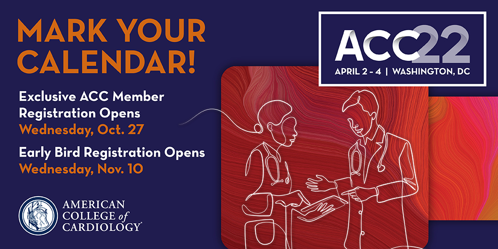 American College of Cardiology (@accintouch) on Twitter photo Planning on attending #ACC22 in person in Washington, DC or virtually? Early Bird Registration for #ACCMembers is now open! 🔎 Find all the details here and register for the lowest rates and best selection of hotels: bit.ly/3nzJN5r Planning on attending #ACC22 in person in Washington, DC or virtually? Early Bird Registration for #ACCMembers is now open! 🔎 Find all the details here and register for the lowest rates and best selection of hotels: bit.ly/3nzJN5r