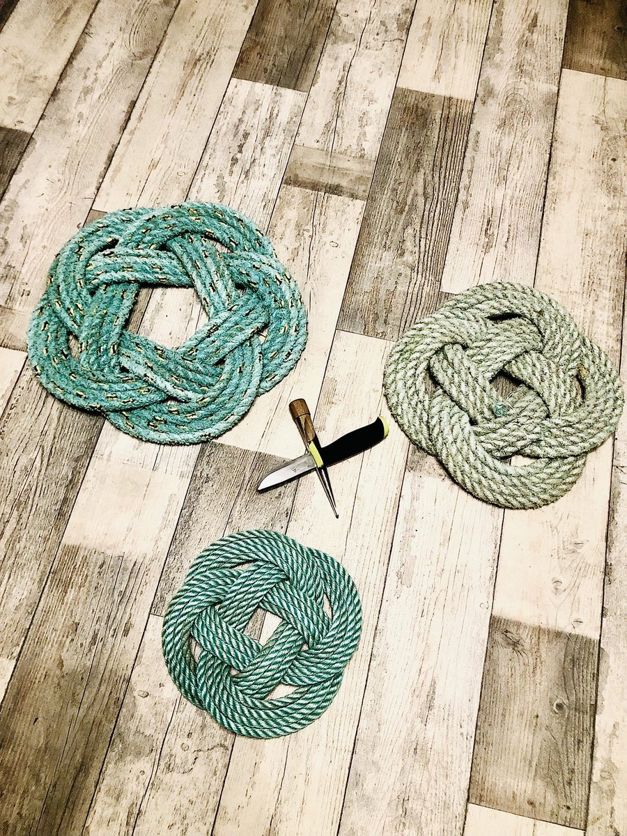 CastawayRope's tweet photo. #wreath and two small table mats made up tonight. All hand stitched using #traditional #sailmakers palm and needle. Another 94ft of #marineplastics #Recycled by #castawayropeworks https://t.co/zJZ0UXaITB