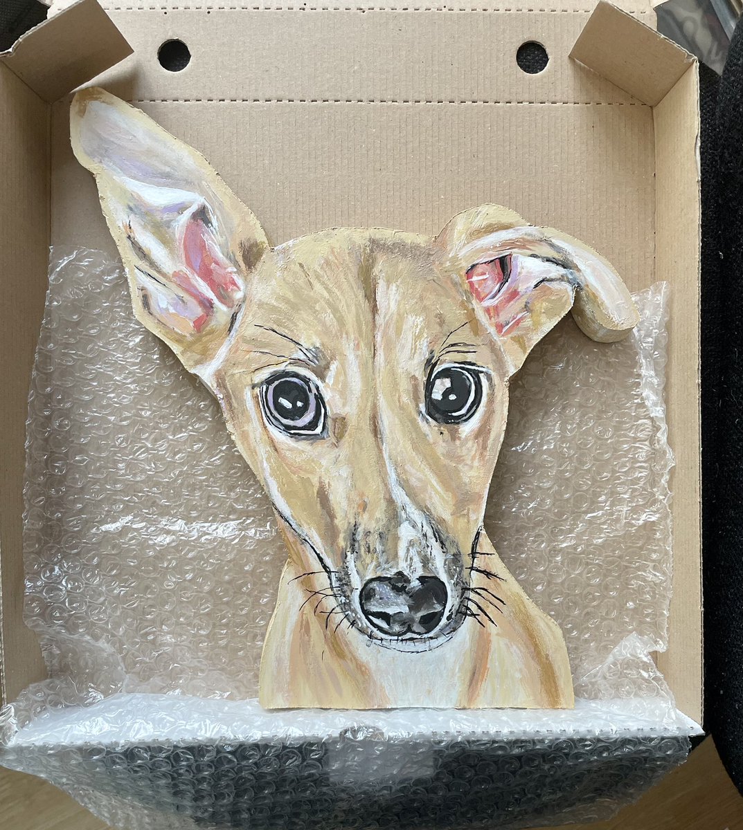 ArtJimi's tweet photo. I’ve not done a #memorydog for a good while, this character is willow a greyhound pup. Acrylic on wood cut out to the profile of of the dog. https://t.co/pJJUY6sLqV