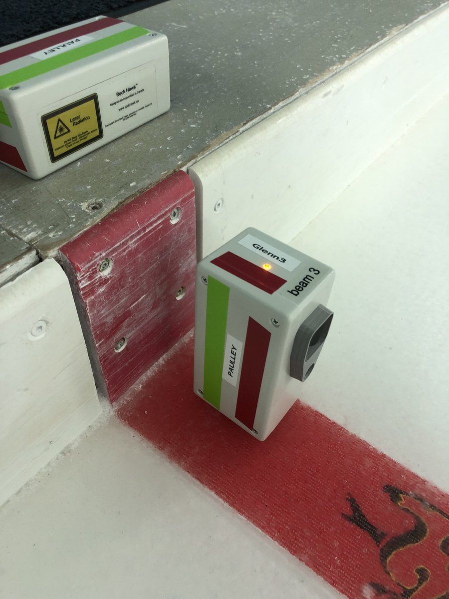 gpaulley's tweet image. Pro tip: add some brightly-coloured tape to your @rockhawktimer sensor and laser boxes to help prevent the ladies on the next sheet from hoofing a box down the sheet. #notthefirsttime ❤️ my @rockhawktimer system, but wish the boxes weren’t white.