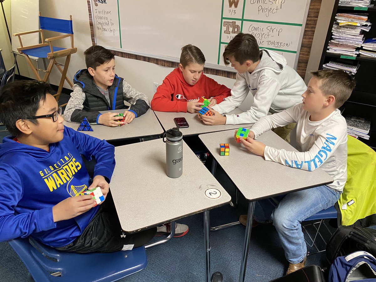 jeneckert11's tweet photo. These passionate 6th graders meet twice a week in the Speedcubing club. They share strategies and work to improve their times solving a Rubik’s cube! #livetheINSPIREDlife #MMSInspires https://t.co/aUhQ7yaycR