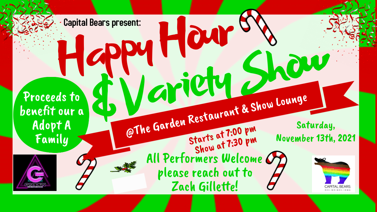 BearsDSM's tweet photo. Don't Forget to join us for our Capital Bears Happy Hour &amp; Variety Show. Happy Hour starts at 7 PM &amp; the Show will Start at 7:30 PM! Proceeds to benefit The Capital Bears Adopt A Family project!
#bearsdsm #dsmbears #BearIsAStateOfMind #capitalbears https://t.co/4A6PGcdKHR