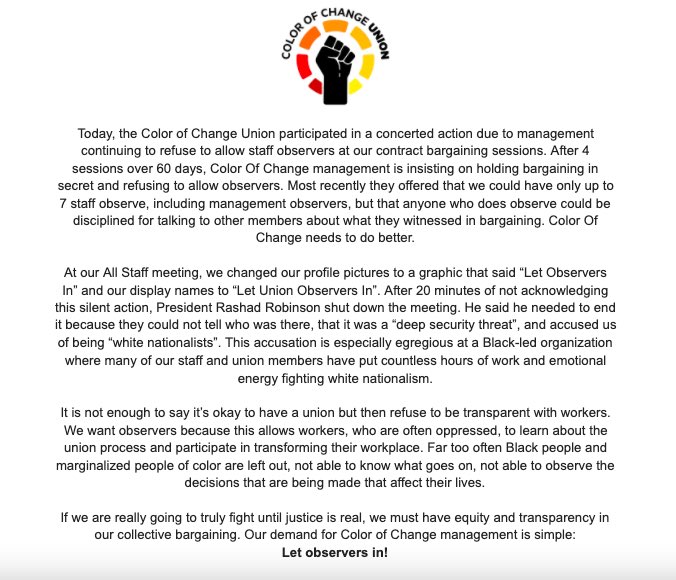 COC_union's tweet photo. If we are really going to truly fight until justice is real, we must have equity and transparency in our collective bargaining. Our demand for @ColorOfChange management is simple: #LetObserversIn! 

Read our full statement ⤵️ #UnionStrong https://t.co/TLu88f8cX9