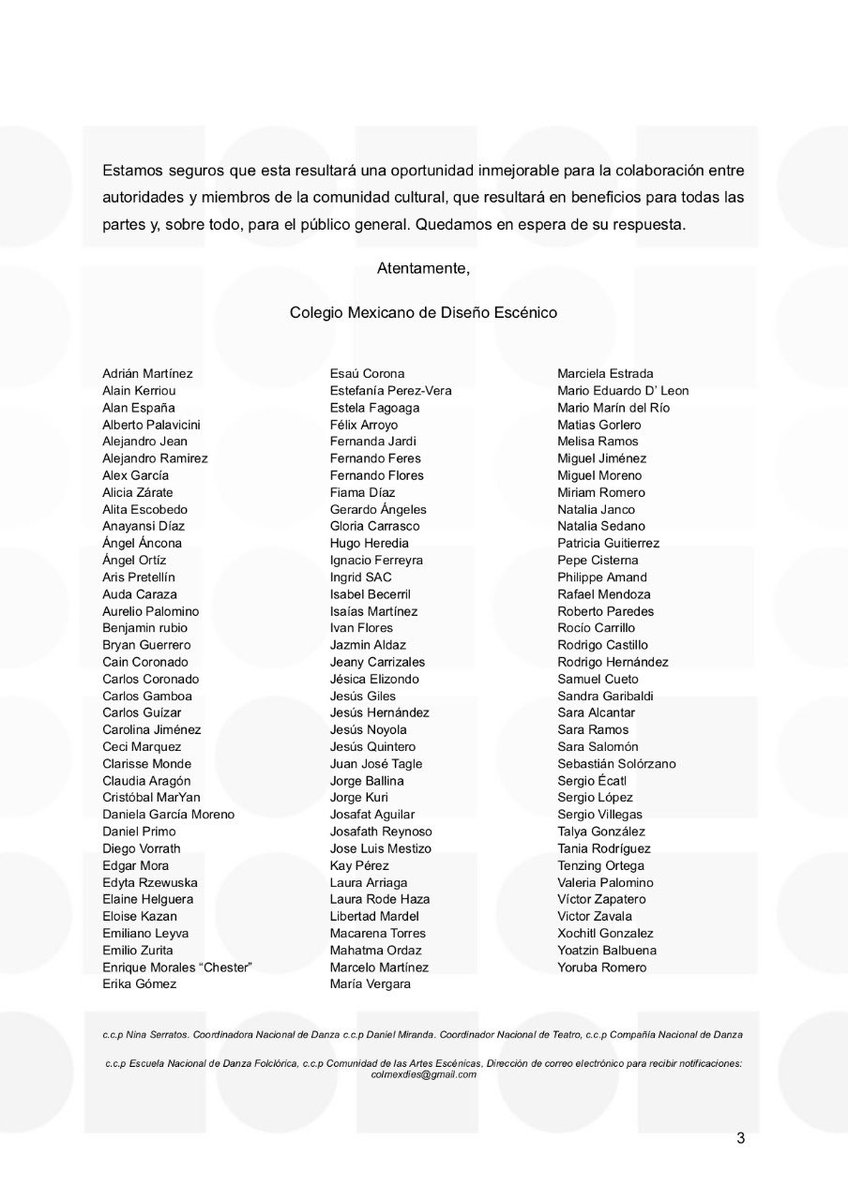 En el Colegio Mexicano de Diseño Escénico consideramos que debe existir una estrecha colaboración entre instituciones y comunidad cultural, por ello enviamos de forma respetuosa esta misiva a la secretaria de cultura <a href="/alefrausto/">Alejandra Frausto</a> y a la directora del INBAL @LucinaJimenez