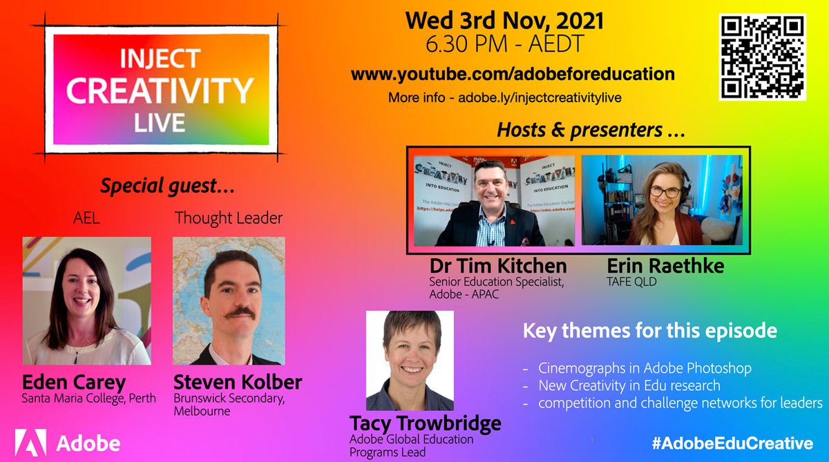 ErinRaethke's tweet photo. Join me @timkitchen @JerryWong007 @ 6.30 PM AEDT via Adobe for Education for the next episode of Inject Creativity Live w/ @evcarey, @steven_kolber &amp; @tacytrow- like/sub here: https://t.co/97lKLTlf5k
#createedu #aussieED #womenintech #eLearning  #AdobeEduCreative #edtech #edutech https://t.co/uNIpOnncvI