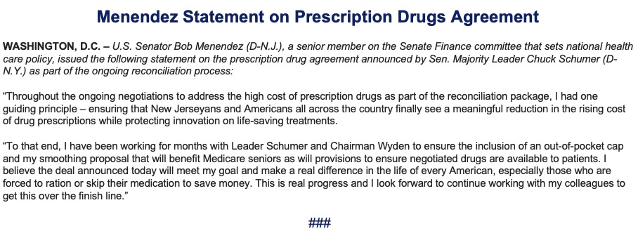 Menendez is a fan of the drug pricing deal: