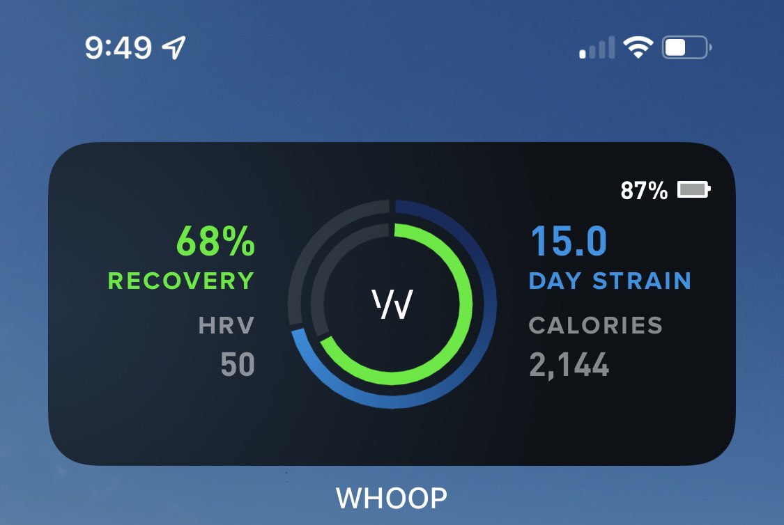 Nice wee addition to the @whoop widget for iPhone - battery percentage now displayed along with hrv and calories 👌 great overview