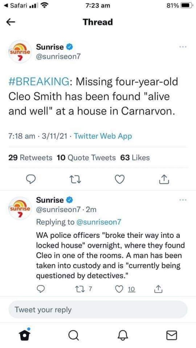 TruCrimeSociety's tweet photo. #BreakingNews #missing 4 year old Cleo Smith has been FOUND ALIVE and well in a house in Carnarvon!! A man has been taken into custody for questioning. Amazing news for #Australia today ♥️

  #cleosmith #findcleo #MissingChild #missinginaustralia #MissingPerson #missingchildren https://t.co/0jgDsjoms0