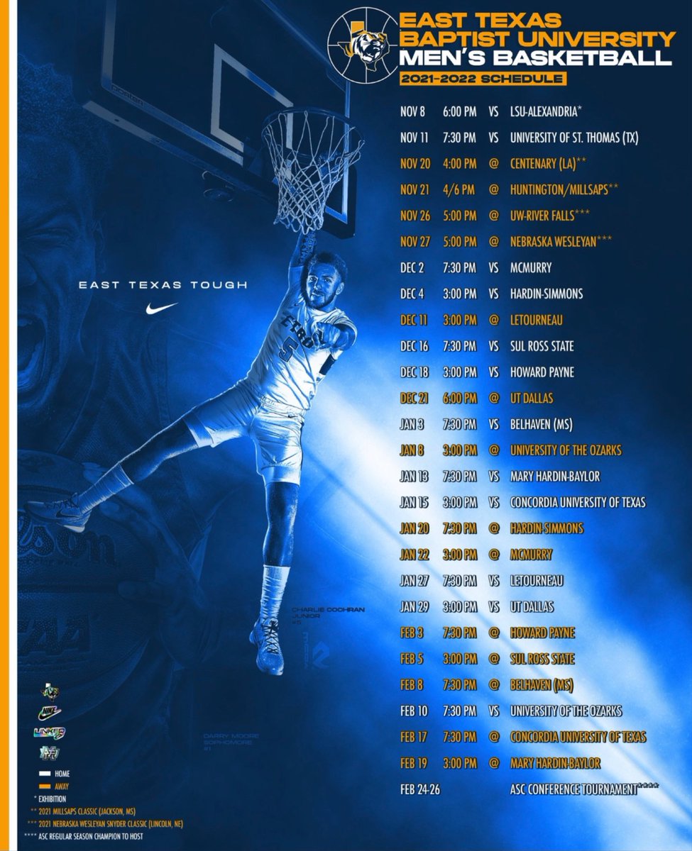 clovell33's tweet photo. ETBU Men’s Basketball Schedule released for the 2021-2022 season!  Come out and support the @ETBU_MBSK Tigers!! #linked #etbuhoops https://t.co/pxA214imqr