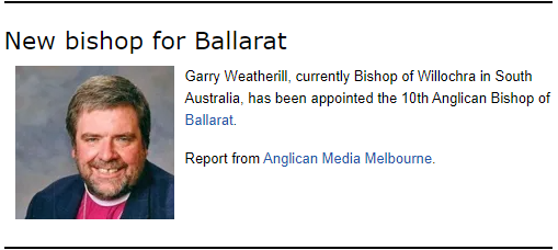 AustAnglican's tweet photo. 3 November 2011: Rt Revd Garry John Weatherill (b.1956) resigns after more than 10 years as sixth Bishop of #Willochra (first to be born within the diocese), ahead of his translation to the See of Ballarat. #anglican #10years https://t.co/xAFHkHbahk
