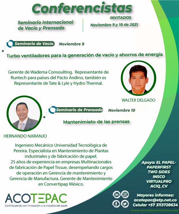 acotepacolombia's tweet image. Conozca los conferencistas que estarán en el Seminario Internacional de Vacío y Prensando para que te conectes con Acotepac este 9 y 10 de noviembre.
Link de inscripción ----&amp;gt; lnkd.in/eKC65hHb
#seminario #paperprocess #industriapapelera #latinoamérica #paperchain #papel