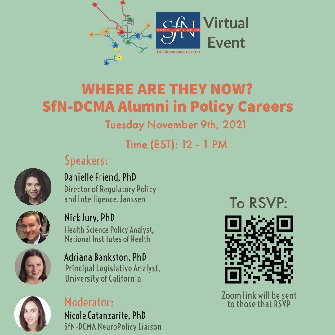 sfn_dcma's tweet photo. RSVP and come hear from our speakers @scipoljournal CEO @AdrianaBankston, Drs. Nick Jury and Danielle Friend at virtual #neuropolicy career panel https://t.co/2vw7my4hoC https://t.co/cQd7ei6Jz5