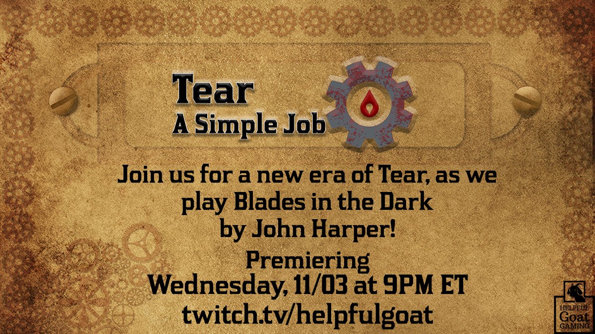 HelpfulGoat's tweet photo. Get in on the ground floor of a brand new #homebrew campaign as we play Blades in the Dark! Join us for Session 1 on Wednesday 11/3 at 9pm ET!

https://t.co/V9rGmDa0I1

#ttrpg #roleplaying #SmallStreamerCommunity
#actualplay #livestream https://t.co/hlAFPuL5HX