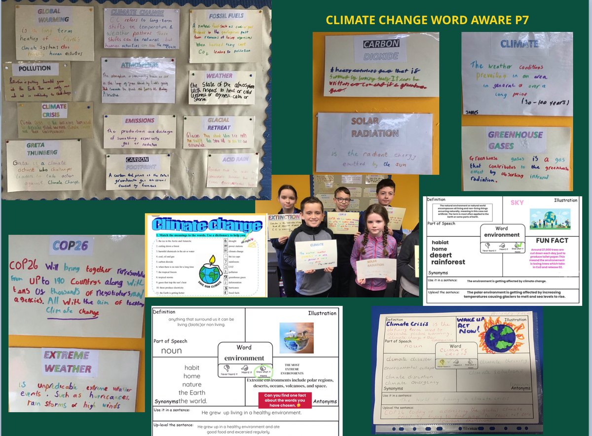 Caldercuilt's tweet photo. CLIMATE CHANGE WORD AWARE. P7 have been learning the vocabulary of climate change using the word aware approach. We have created a Climate Change word wall which we add to each day. #COP26 #cpsloveslearning #starapproach
#litforall https://t.co/36NRyDNTZO