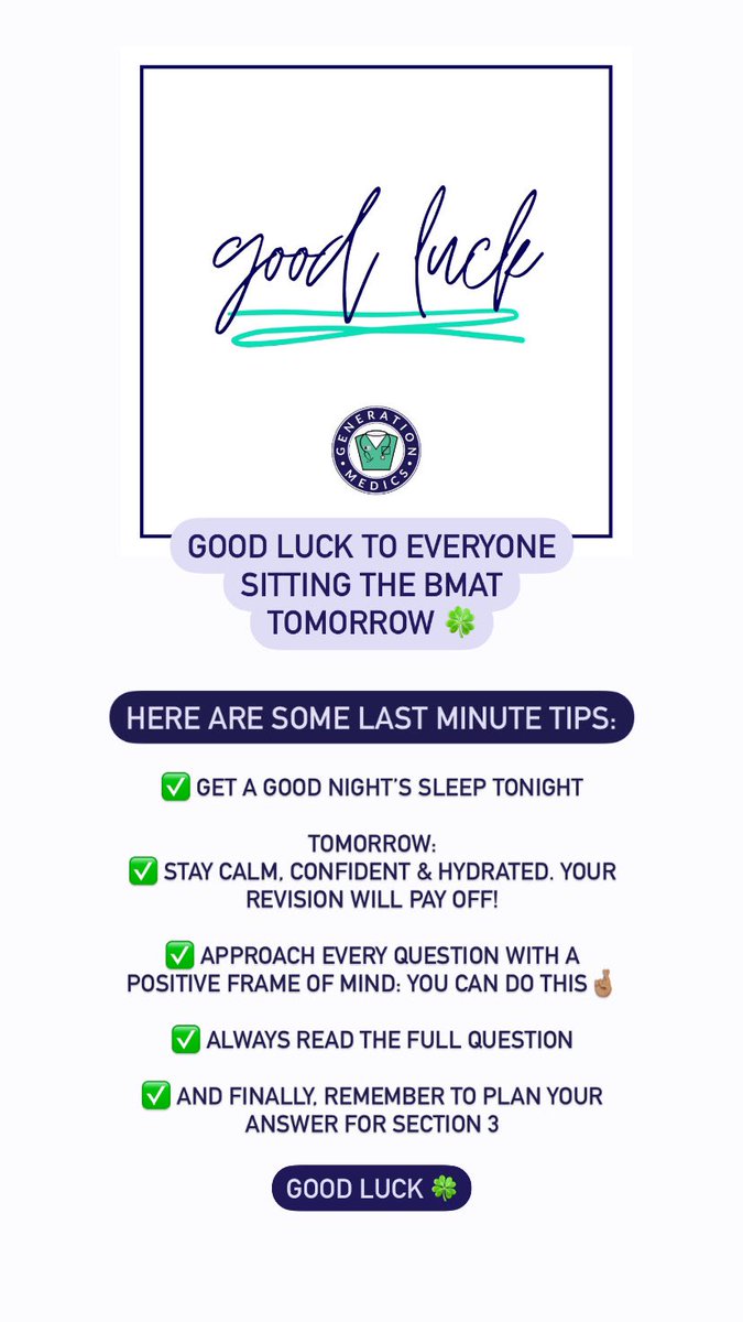 GenMedX's tweet photo. Good luck to everyone sitting the #BMAT tomorrow!
Keep calm and stay positive. Youβve got this πβ€οΈ
#bmattips #examtips #aspiringdoctor #aspiringdentist #oxbridge https://t.co/nyP4k04TpM