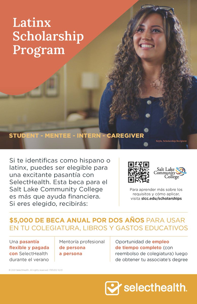 UNPSLC's tweet photo. SelectHealth's Latinx Scholarship through SLCC provides access to the first years of college with the intention of bringing equity to the healthcare field. #SelectHealth #unpslc #westsideslc
Watch this video to learn more https://t.co/DKcVS1Ge5P
Apply at https://t.co/LSMwXYPSsM https://t.co/oF5lcBJrDy