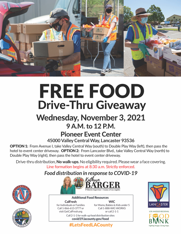 cityoflancaster's tweet photo. Free food drive! Join us on Wednesday, November 3, from 9 a.m. to 12 p.m. at the Pioneer Event Center on @LAFoodBank is providing free food resources to our Lancaster community. To donate to neighbors in need visit https://t.co/aYeVXZT2Rc. #FreeFood #FreeFoodDrive #LancasterCa https://t.co/canl3nVtw7