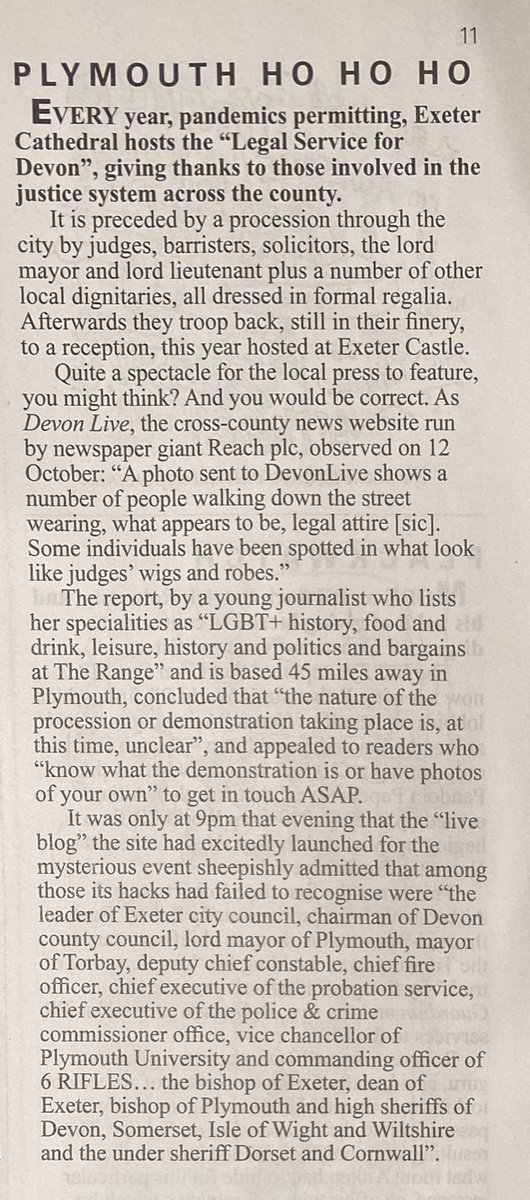 DevonSheriff's tweet photo. I wonder if this is a first - a County Legal Service in honour of all those involved in the administration of Justice reported @PrivateEyeNews ..& in their 60th Souvenir Issue to ๐ข! #Devon @westerncircuit @MoJ @DevonLiveNews @BBCSpotlight #NickPrettejohn #JimMullen Thank you! ๐ https://t.co/ebEA1b2HIv