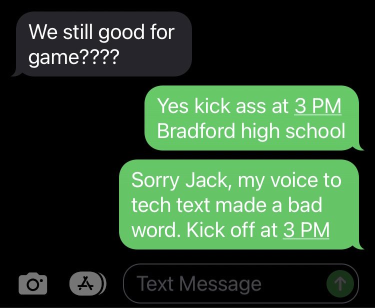 npagliaro1's tweet photo. Driving to my SCAA semi-final game this afternoon, an Assistant Referee sends me a text.
I reply with a voice to text. If you know me, I’m not the swearing type 🤣 It was a good game, 4-3 for Bradford, and yes, we kicked…
#ThanksSiri #LOL #RefereeLife #HDSASoccer https://t.co/orvugLd75g