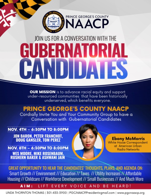 Marylanders, time and space is running out.
Please join us for the PGC NAACP "Maryland Gubernatorial Candidate Conversation" for an opportunity to speak with next Governor of Maryland. BTW, share, share, share. Register at: pgcnaacp.org/event/conversa…
