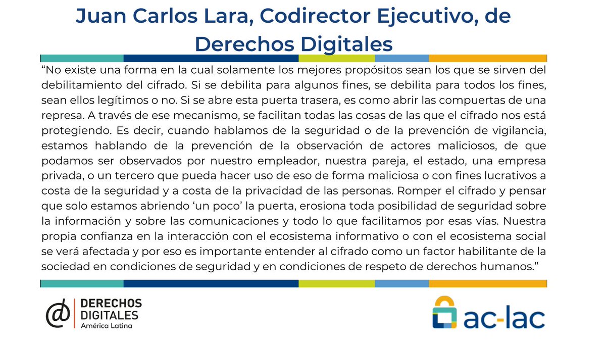 aclac_alianza's tweet photo. #ACLAClive Cara a Cara:
"...es importante entender al #cifrado como un factor habilitante de la sociedad en condiciones de seguridad y en condiciones de respeto de derechos humanos." explica J.C Lara de @derechosdigital 
Su participación completa, aquí👇
https://t.co/IyidFwSmUu https://t.co/YONYEYiGP5