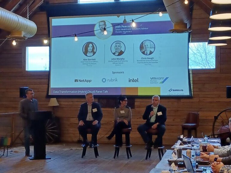 parodi_shirley's tweet photo. We wrapped up the day with a compelling panel discussion around the role of hybrid cloud in data transformation for #healthcare, including experts from @NetApp @intel @rubrikInc &amp; @VMware. What a powerful first day. #HC2HC #wearesirius https://t.co/4uStmqFpFT