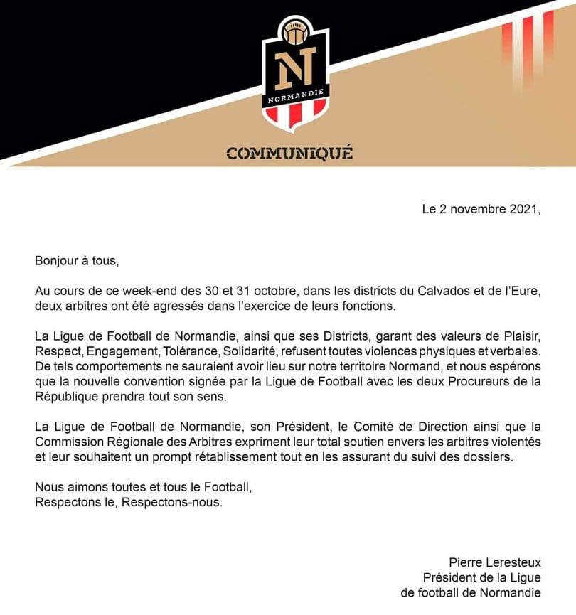 ArbitrezVous's tweet photo. #AlerteAgressionArbitre #RasLeSifflet
Communiqué de la Ligue de Football de Normandie
@ArbitresSAFE @UnafArbitres @FFF @LFNofficiel @fbleuhnormandie @FOOT_NORMAND @Sports_gouv @justice_gouv @Interieur_Gouv @lequipe @Sport_PN @leparisiensport @BFMTV @M6 @TF1 @francetvsport https://t.co/5qM1iDQpes