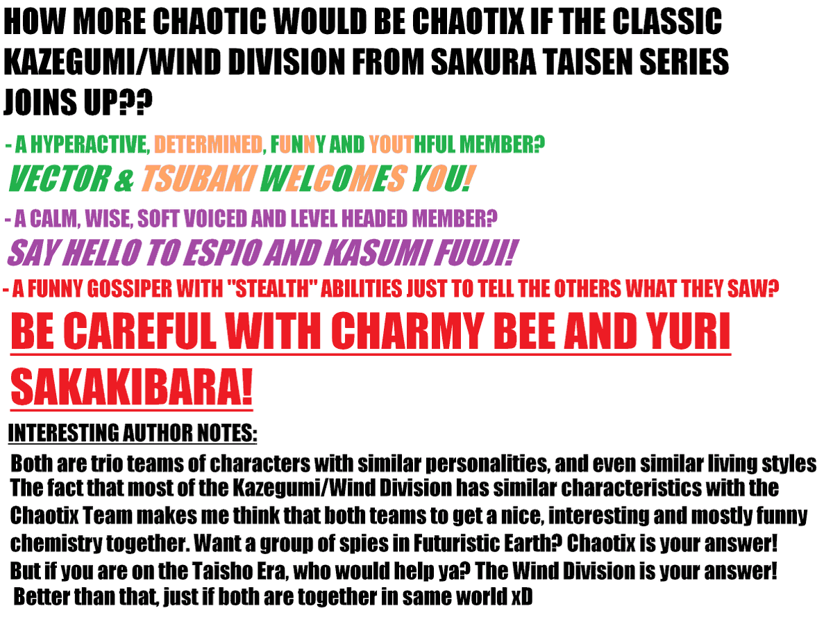 shinzankuro's tweet photo. New "Variable Combination" art of Sakura Wars/Taisen and Sonic The Hedgehog!
Now THEM! The eccentric trios! #TeamChaotix and #WindDivision from Sakura Taisen! (Classic One)
#サクラ大戦 #ソニック #SEGA #sakurawars #sonic #ベクター・ザ・クロコダイル #カオティクス #風組 https://t.co/8VVxXpCZRK